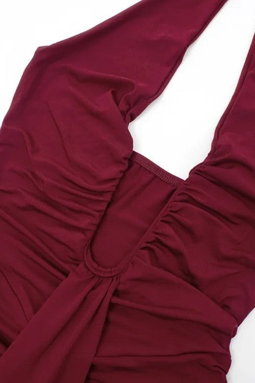 Woman wearing a figure flattering Bella Bodycon Wrap Maxi Dress - Red Wine BODYCON COLLECTION Pty Ltd