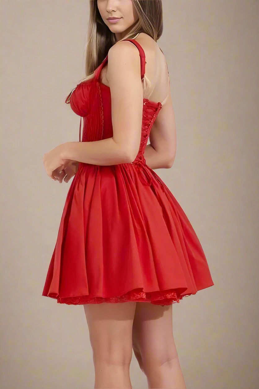 Woman wearing a figure flattering  Belle Bodycon Mini Dress - Lipstick Red BODYCON COLLECTION