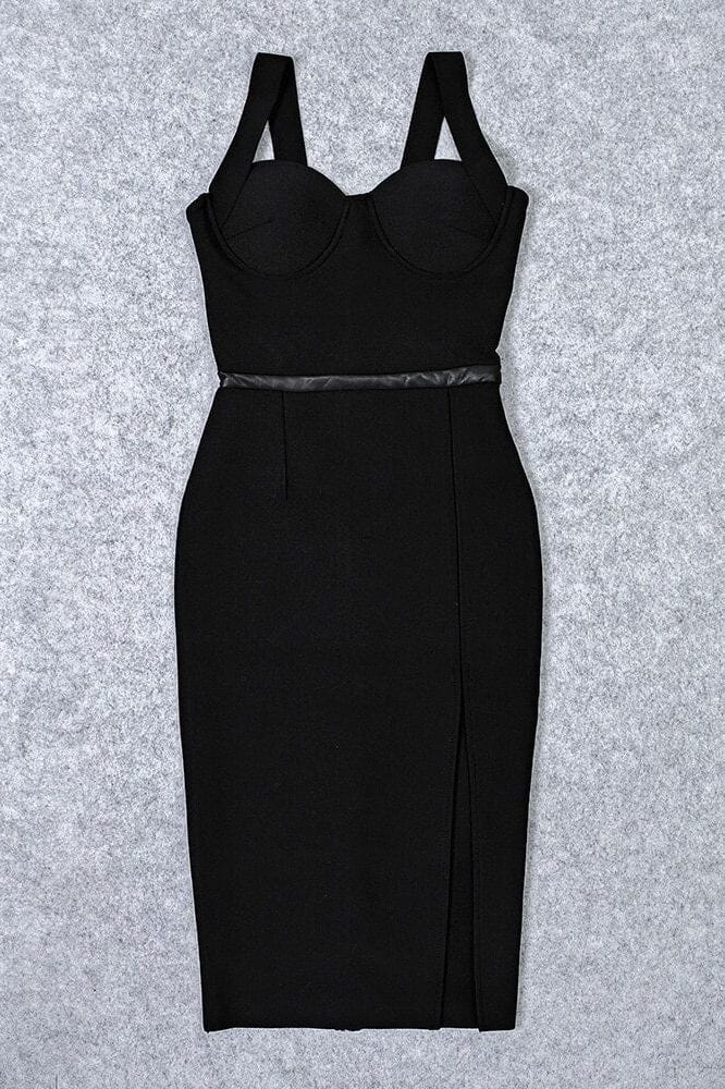 Woman wearing a figure flattering Beth Bandage Corset Dress - Classic Black BODYCON COLLECTION