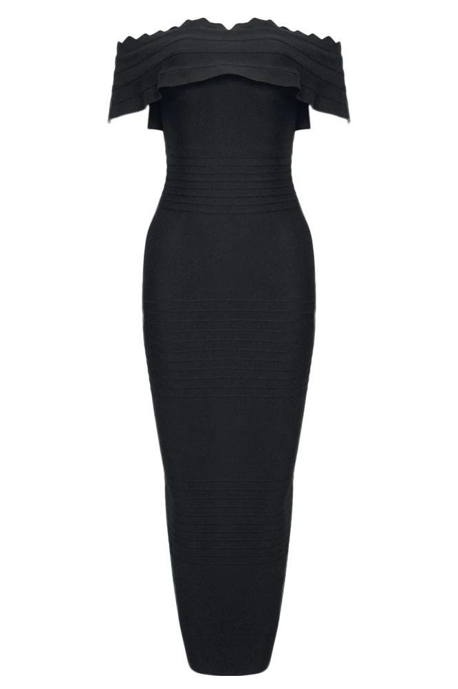 Woman wearing a figure flattering  Billie Bandage Midi Dress - Classic Black Bodycon Collection