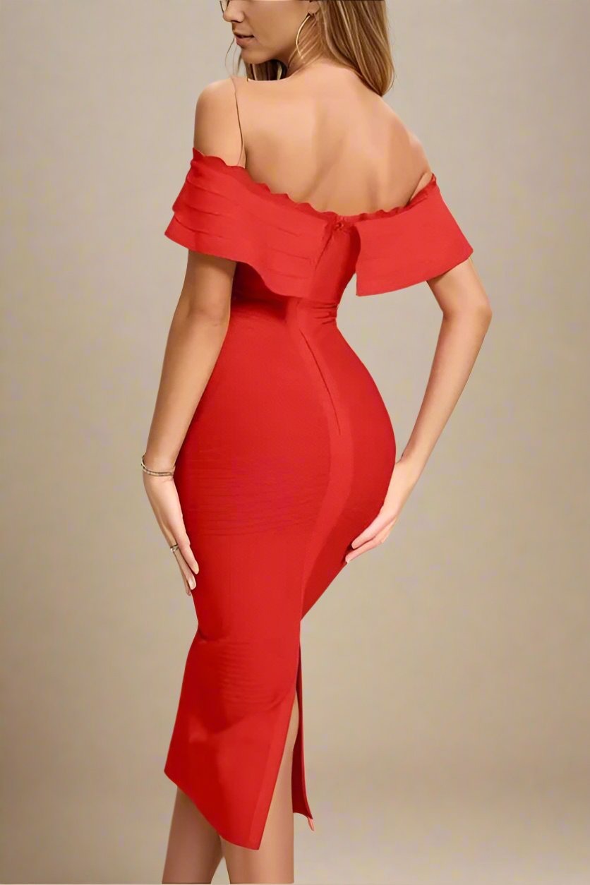 Woman wearing a figure flattering Billie Bandage Midi Dress - Lipstick Red Bodycon Collection