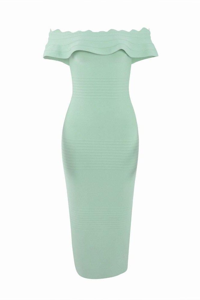 Woman wearing a figure flattering  Billie Bandage Midi Dress - Mint Green Bodycon Collection