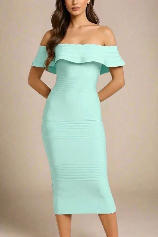 Woman wearing a figure flattering Billie Bandage Midi Dress - Mint Green Bodycon Collection