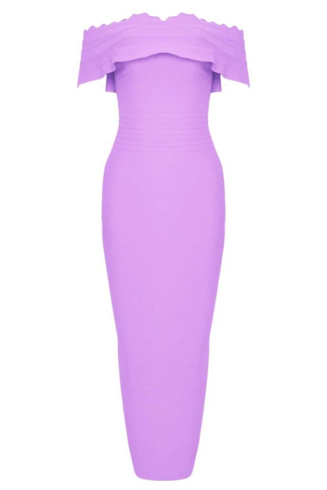 Woman wearing a figure flattering  Billie Bandage Midi Dress - Violet Bodycon Collection