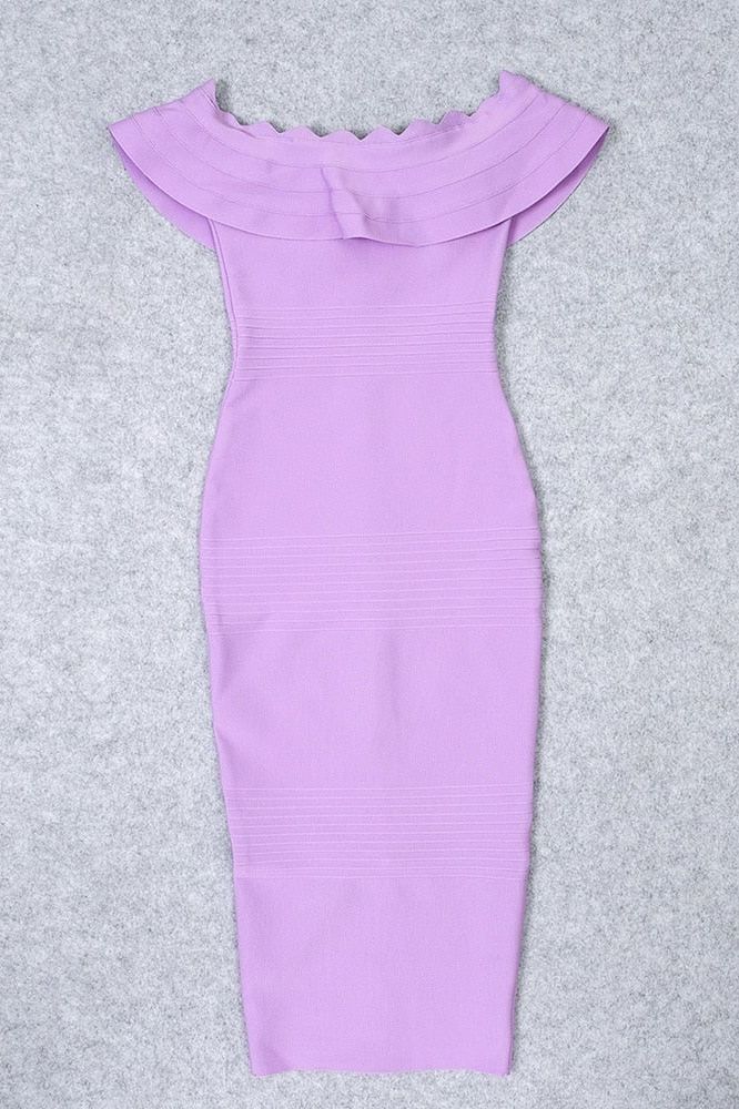 Woman wearing a figure flattering Billie Bandage Midi Dress - Violet Bodycon Collection