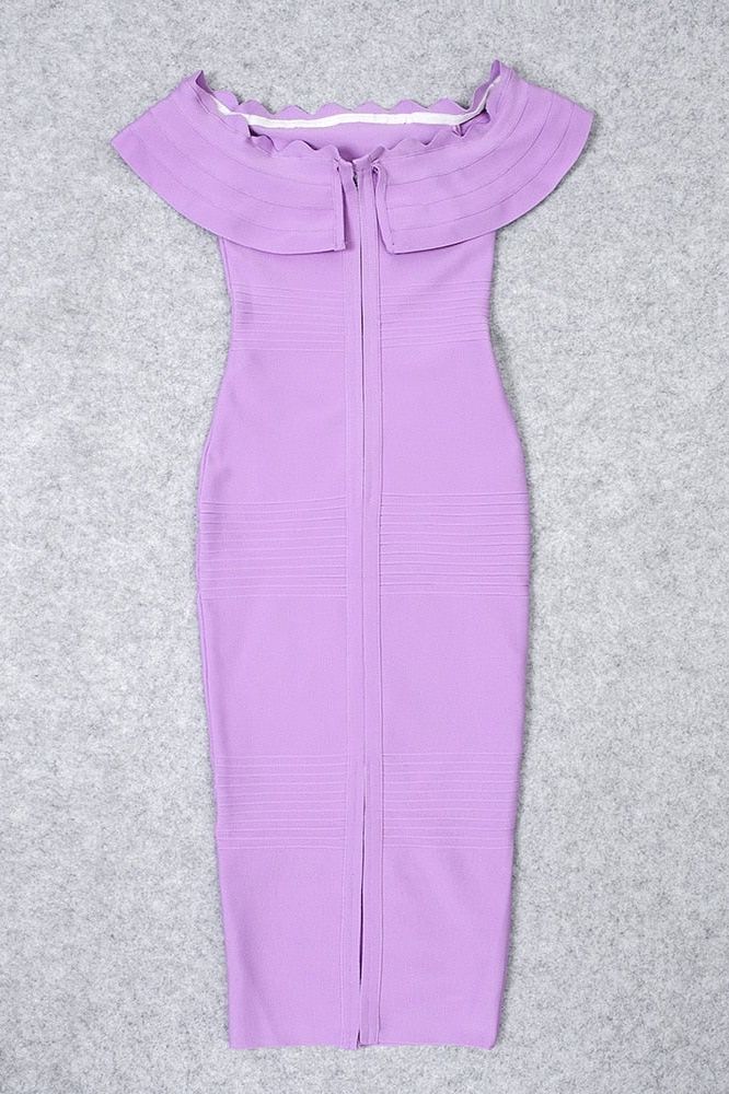 Woman wearing a figure flattering Billie Bandage Midi Dress - Violet Bodycon Collection