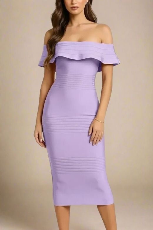 Woman wearing a figure flattering Billie Bandage Midi Dress - Violet Purple Bodycon Collection