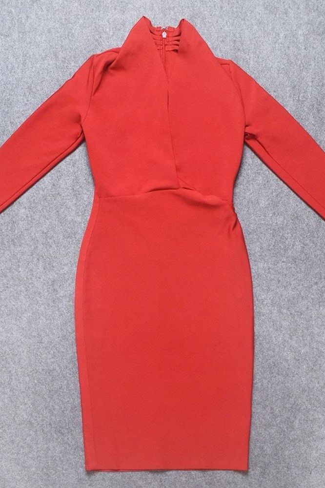 Woman wearing a figure flattering  Blaire Long Sleeve Bandage Dress - Lipstick Red BODYCON COLLECTION