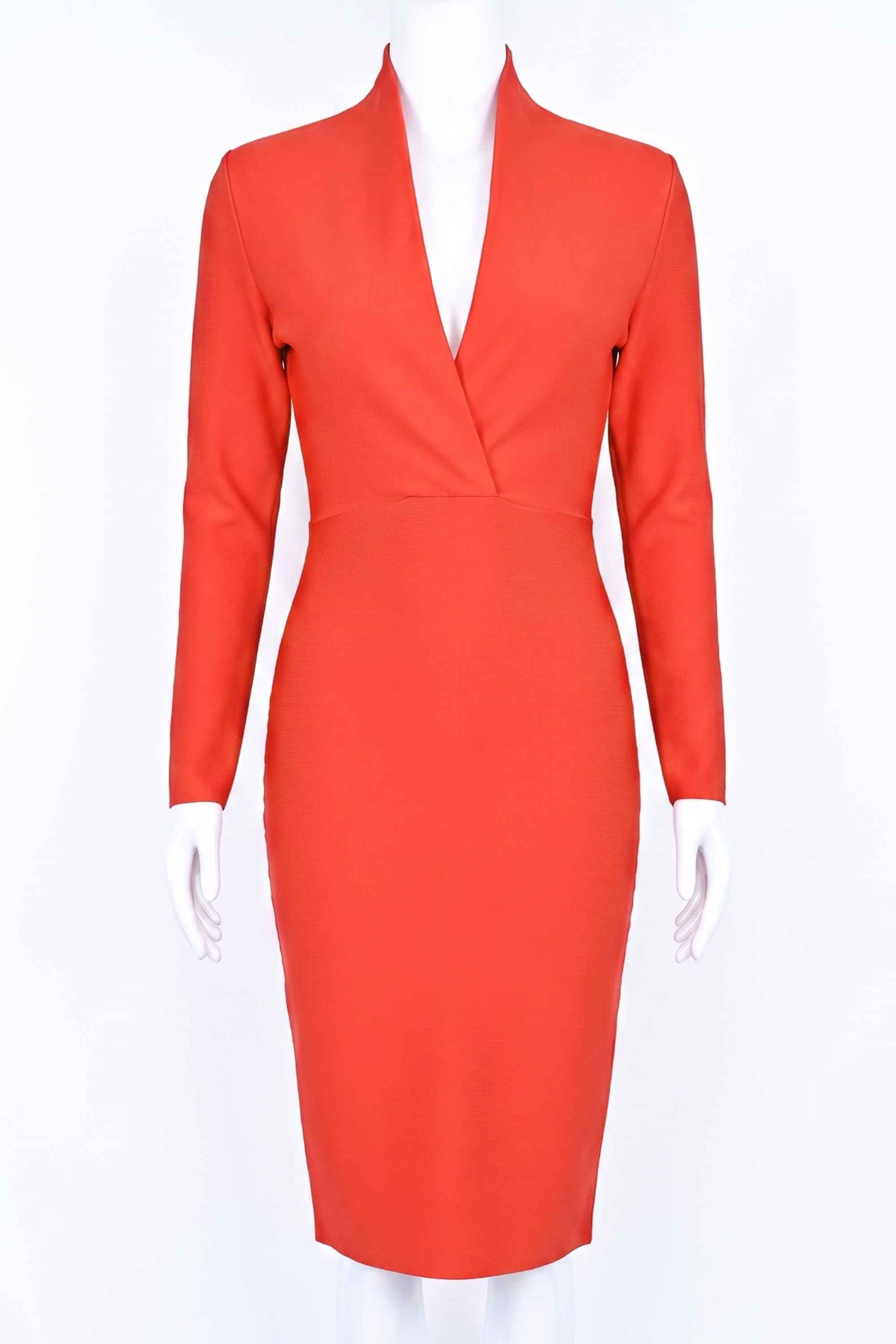 Woman wearing a figure flattering Blaire Long Sleeve Bandage Dress - Lipstick Red BODYCON COLLECTION