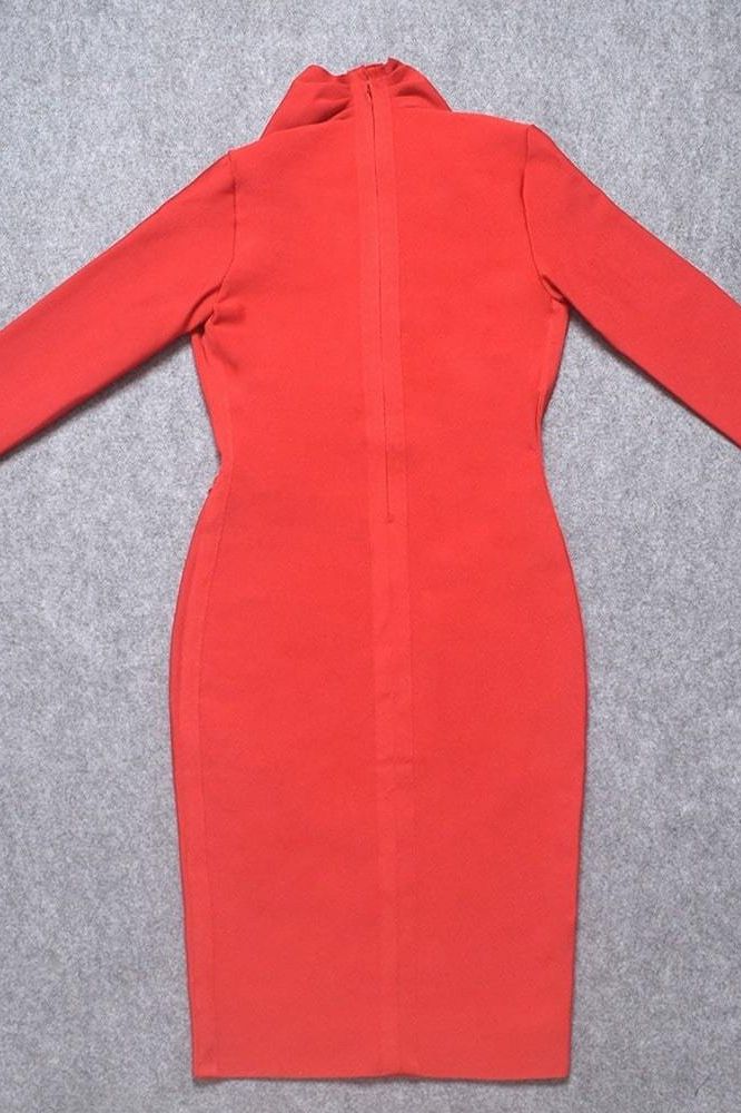 Woman wearing a figure flattering  Blaire Long Sleeve Bandage Dress - Lipstick Red BODYCON COLLECTION