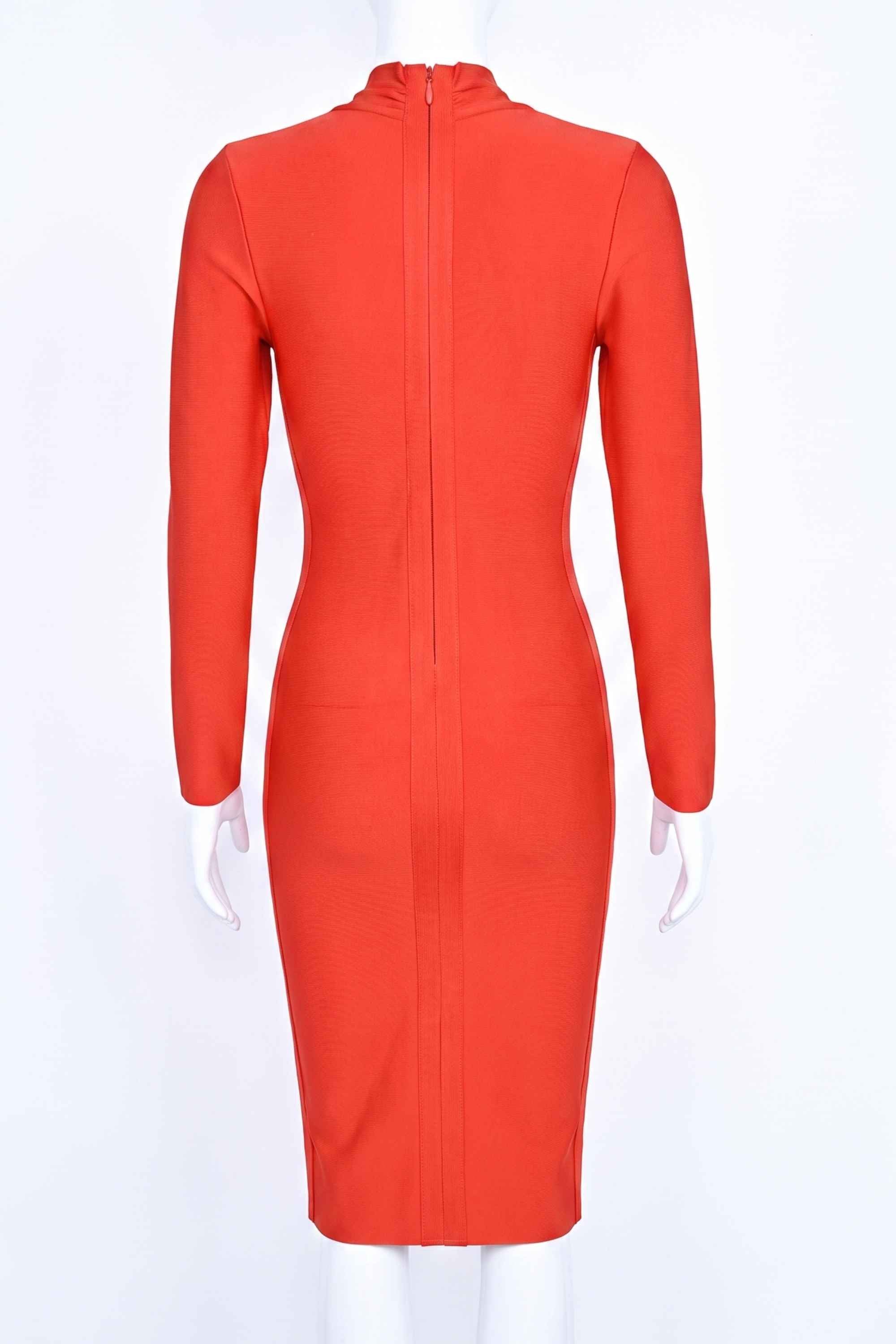 Woman wearing a figure flattering Blaire Long Sleeve Bandage Dress - Lipstick Red BODYCON COLLECTION