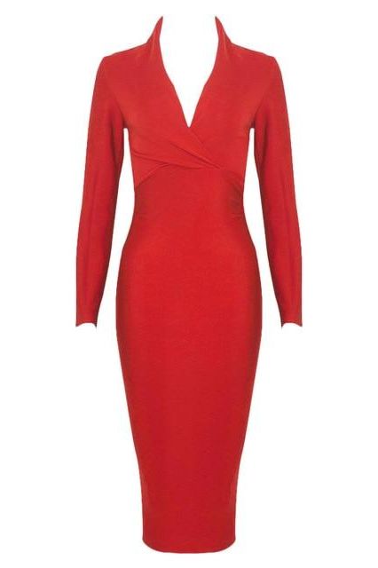 Woman wearing a figure flattering  Blaire Long Sleeve Bandage Dress - Lipstick Red BODYCON COLLECTION