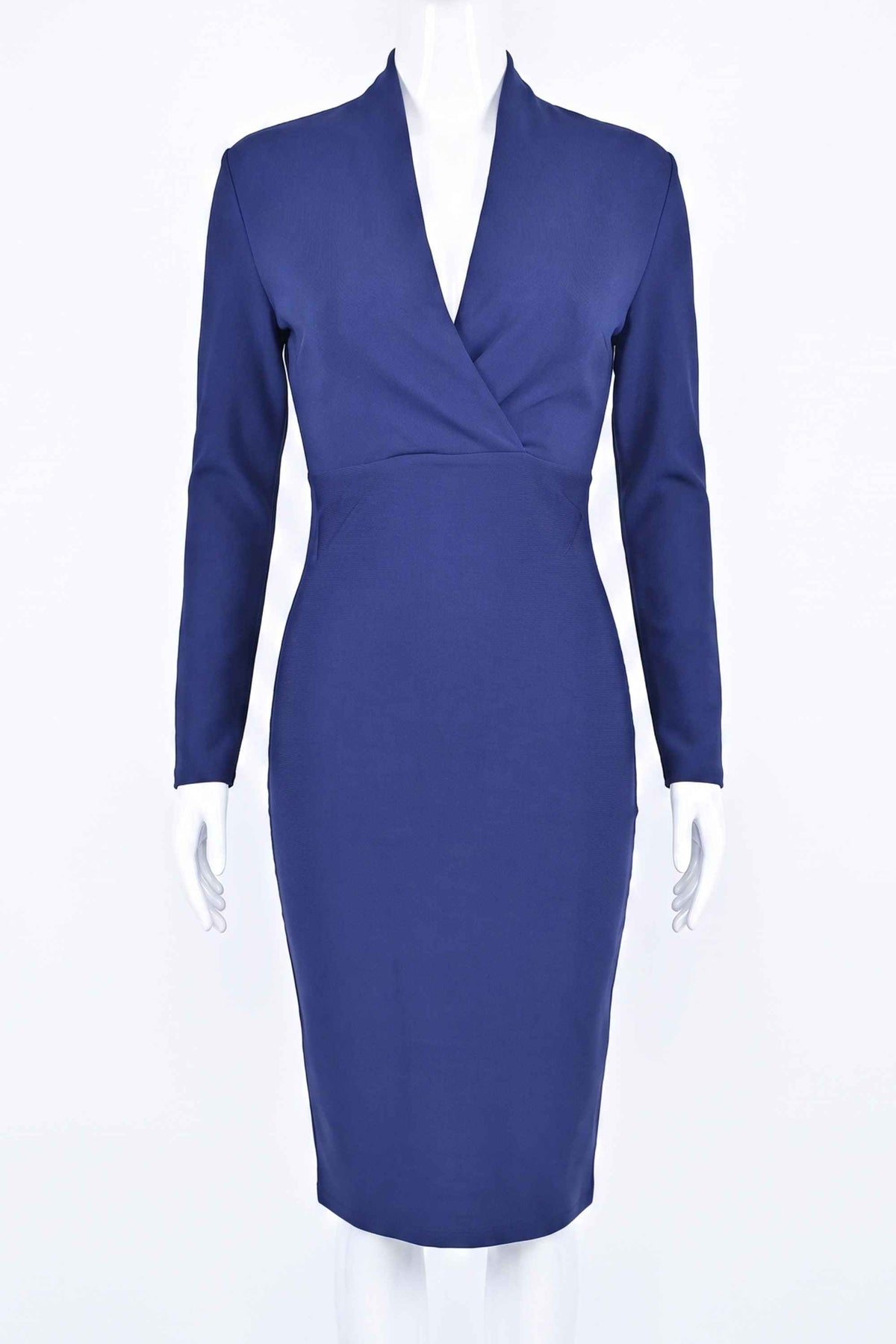 Woman wearing a figure flattering Blaire Long Sleeve Bandage Dress - Navy Blue BODYCON COLLECTION