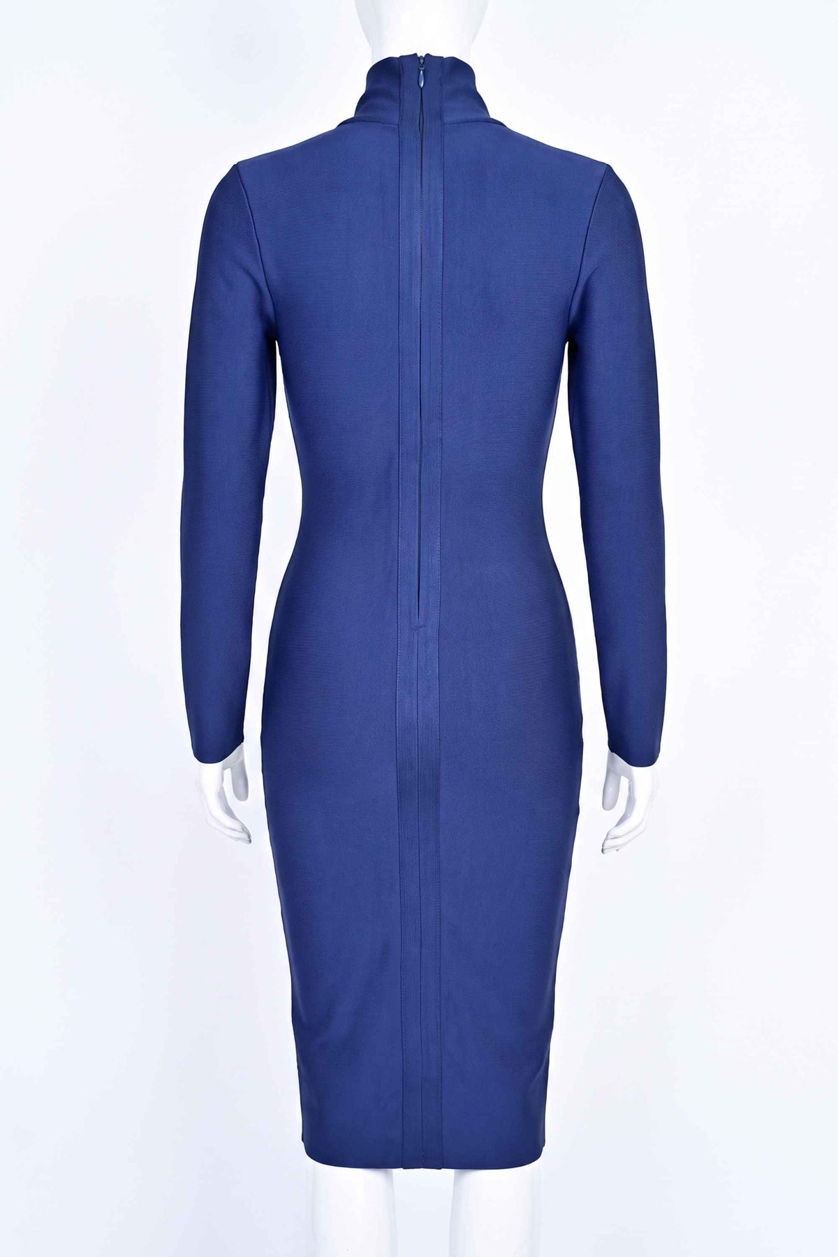 Woman wearing a figure flattering Blaire Long Sleeve Bandage Dress - Navy Blue BODYCON COLLECTION