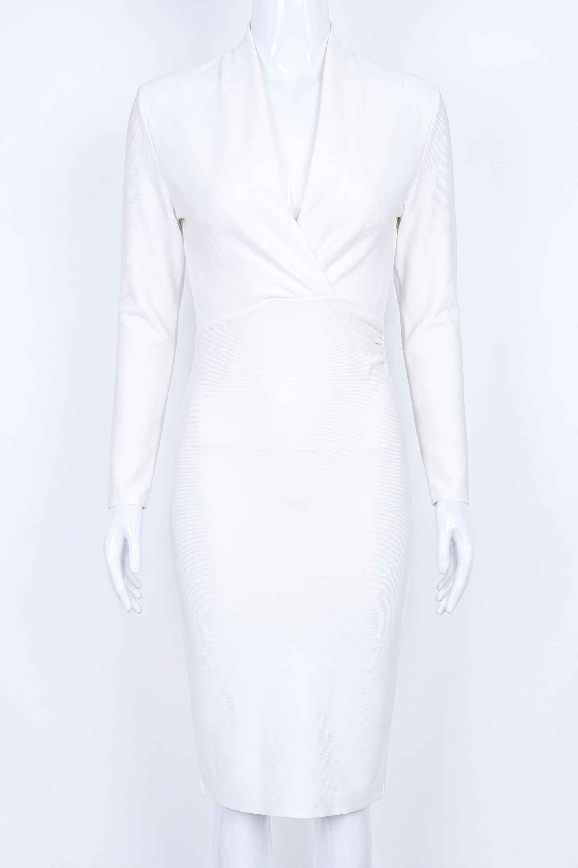 Woman wearing a figure flattering Blaire Long Sleeve Bandage Dress - Pearl White BODYCON COLLECTION