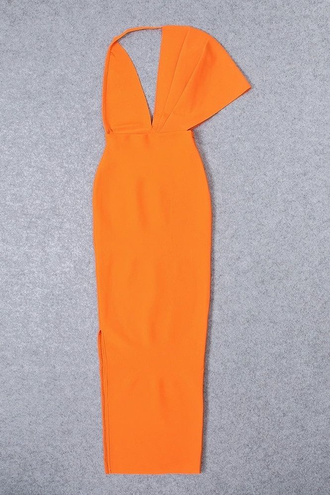 Woman wearing a figure flattering Blake Bandage Maxi Dress - Apricot Orange BODYCON COLLECTION