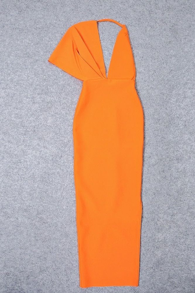 Woman wearing a figure flattering Blake Bandage Maxi Dress - Apricot Orange BODYCON COLLECTION