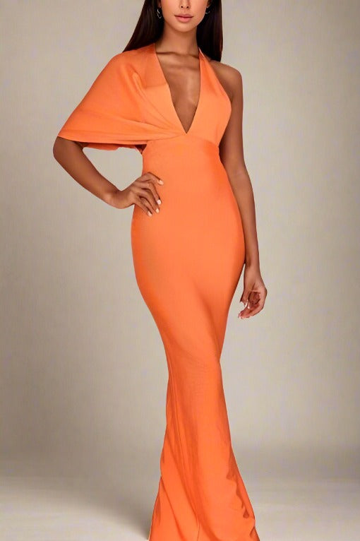 Woman wearing a figure flattering Blake Bandage Maxi Dress - Apricot Orange BODYCON COLLECTION