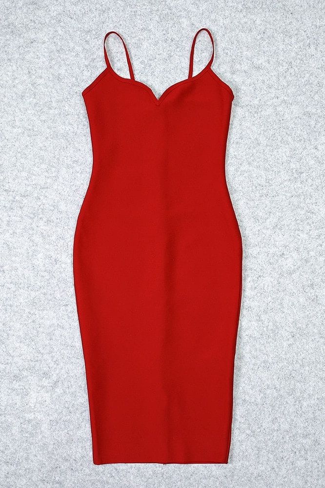 Woman wearing a figure flattering Blanche Bandage Midi Dress - Lipstick Red BODYCON COLLECTION