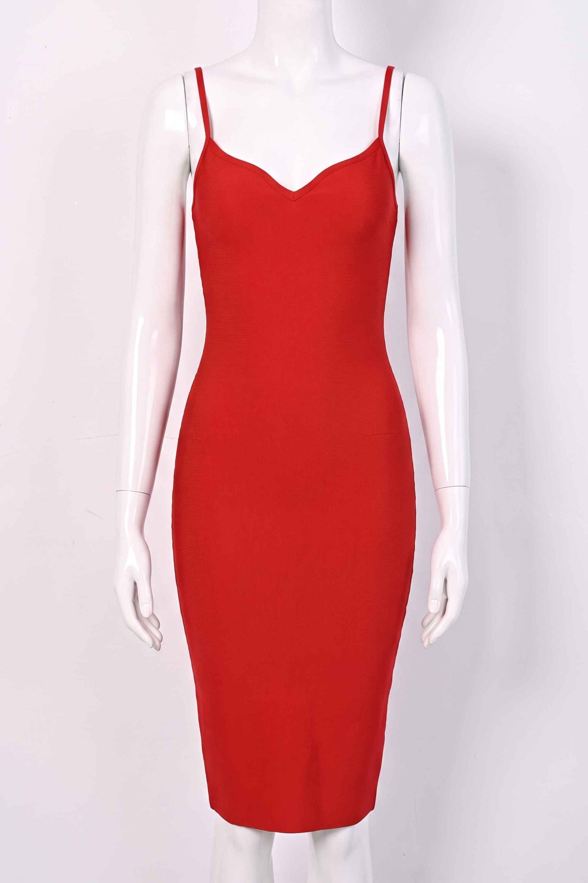 Woman wearing a figure flattering Blanche Bandage Midi Dress - Lipstick Red BODYCON COLLECTION
