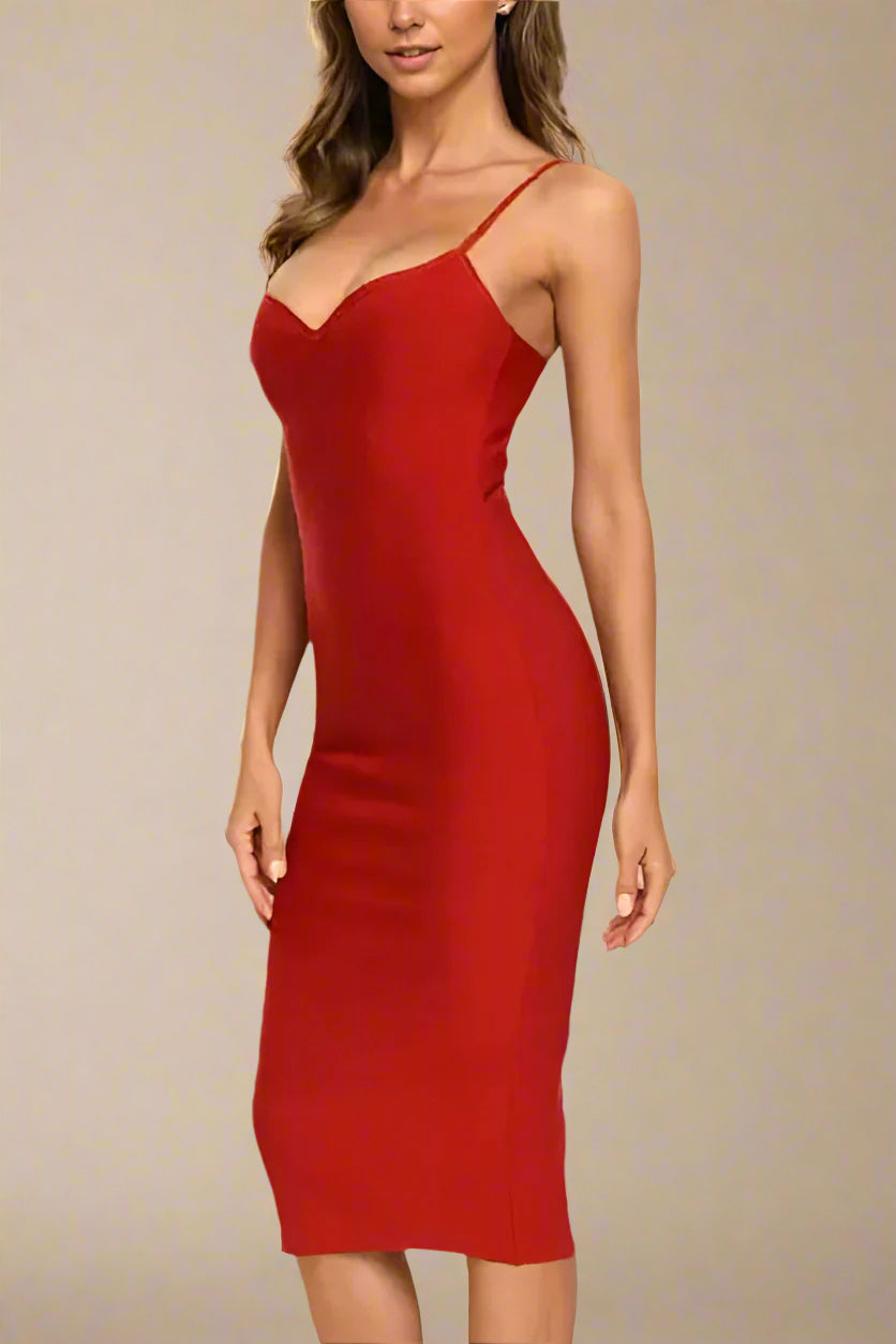Woman wearing a figure flattering Blanche Bandage Midi Dress - Lipstick Red BODYCON COLLECTION
