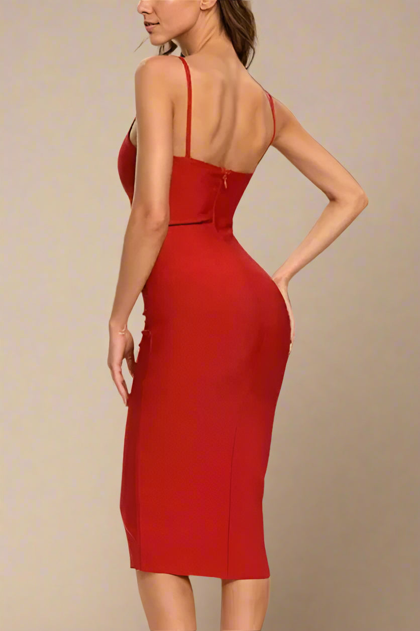 Woman wearing a figure flattering Blanche Bandage Midi Dress - Lipstick Red BODYCON COLLECTION