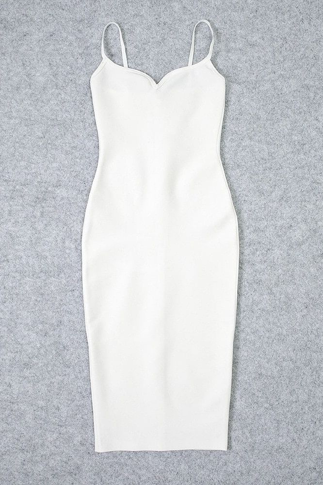 Woman wearing a figure flattering Blanche Bandage Midi Dress - Pearl White BODYCON COLLECTION