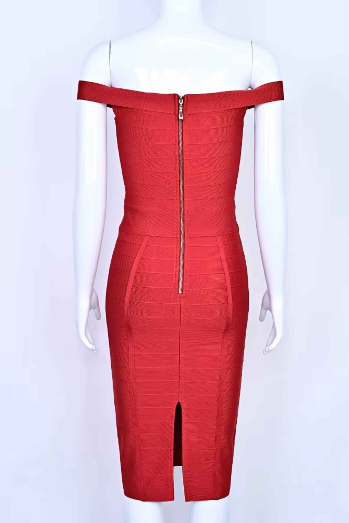 Woman wearing a figure flattering Breanna Bandage Dress - Chilli Red BODYCON COLLECTION