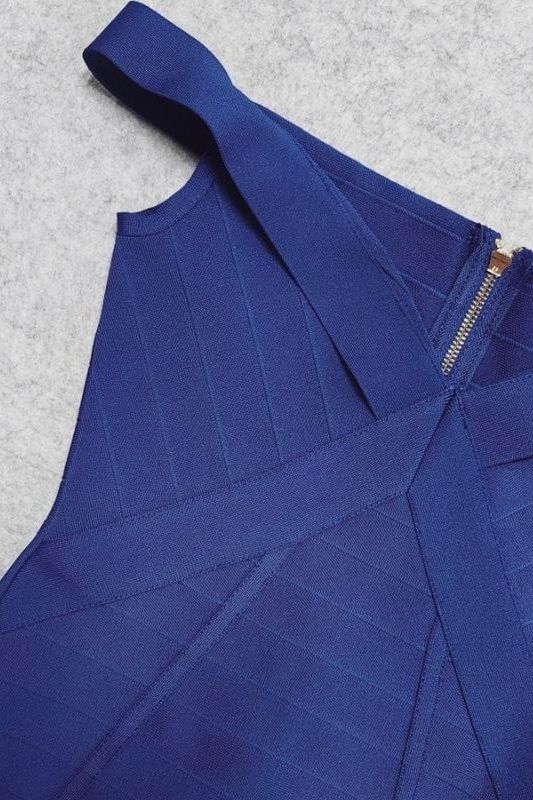 Woman wearing a figure flattering  Breanna Bandage Dress - Navy Blue BODYCON COLLECTION