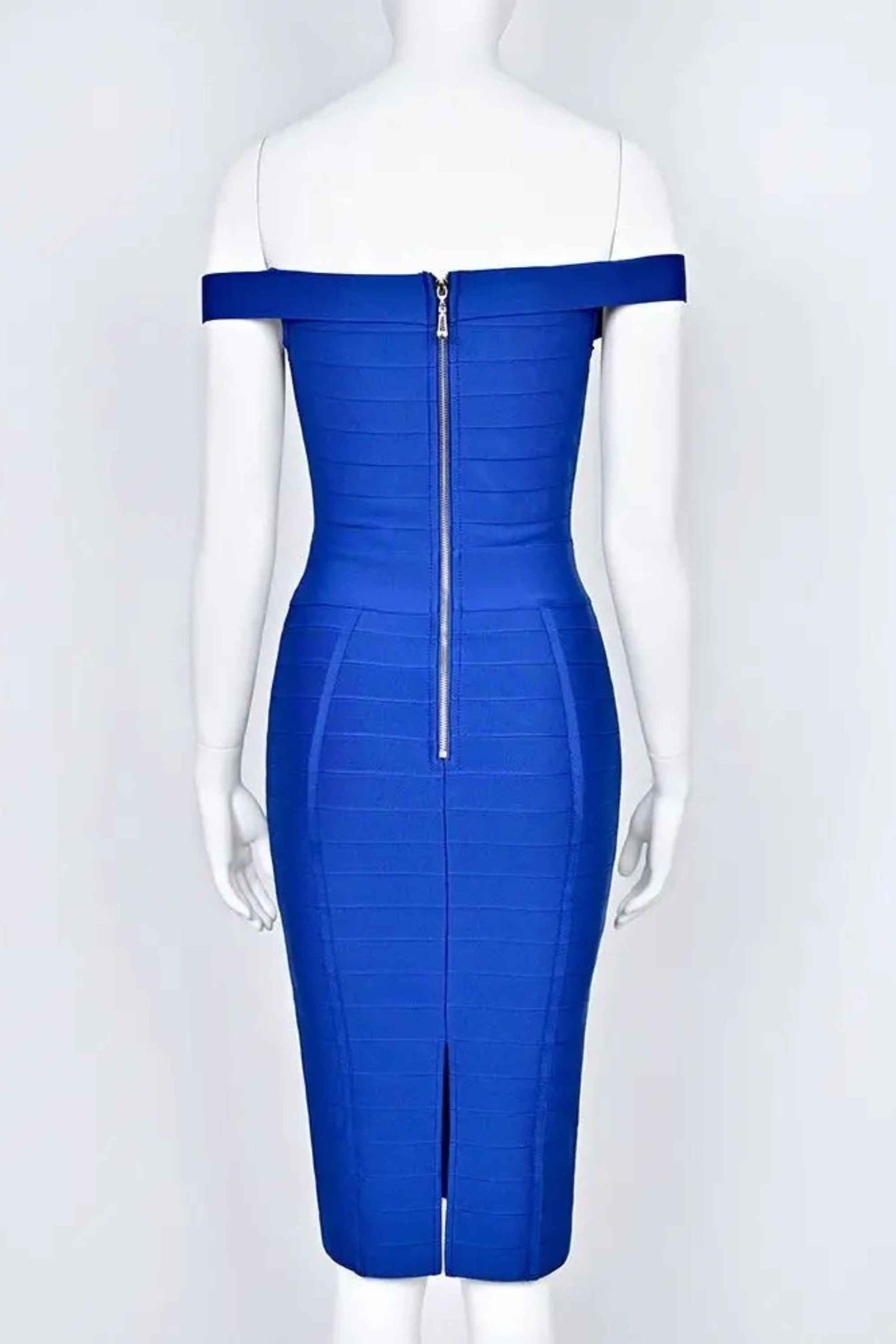 Woman wearing a figure flattering Breanna Bandage Dress - Navy Blue BODYCON COLLECTION