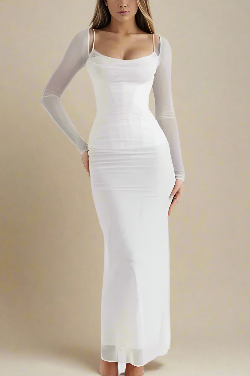 Woman wearing a figure flattering Brianna Bodycon Long Sleeve Maxi Dress - Pearl White BODYCON COLLECTION