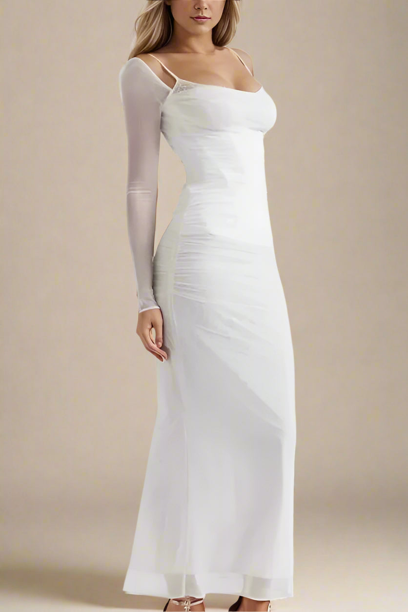Woman wearing a figure flattering Brianna Bodycon Long Sleeve Maxi Dress - Pearl White BODYCON COLLECTION