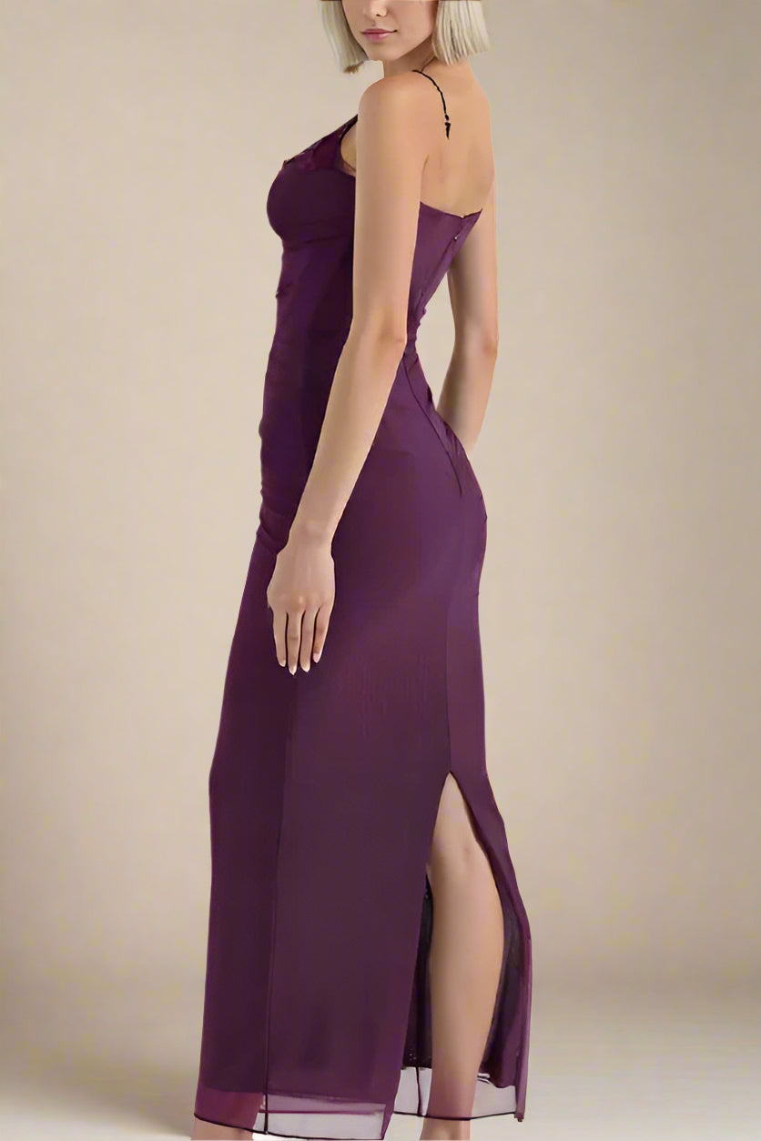Woman wearing a figure flattering Brianna Bodycon Wrap Maxi Dress - Plum Purple BODYCON COLLECTION