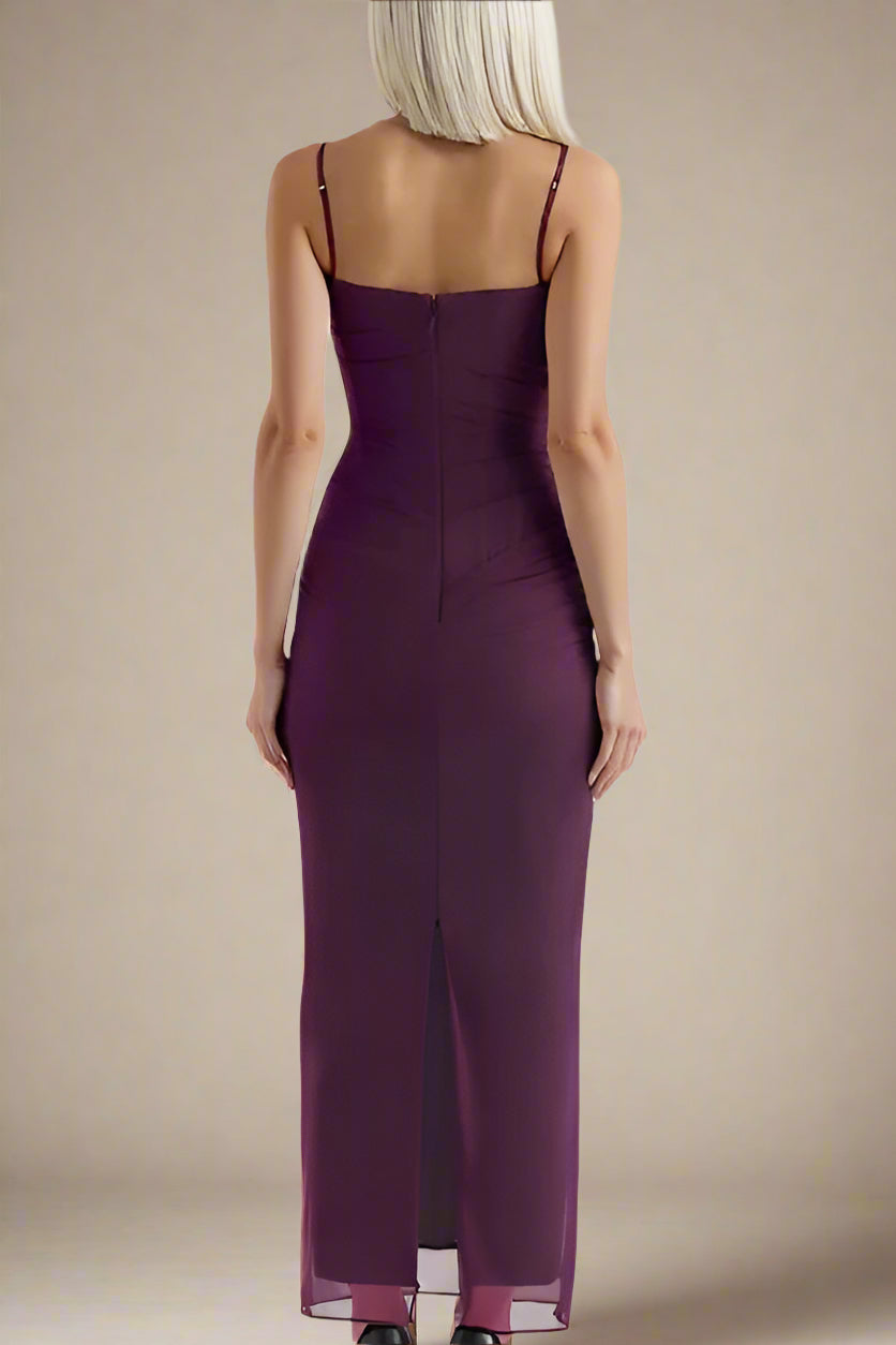 Woman wearing a figure flattering Brianna Bodycon Wrap Maxi Dress - Plum Purple BODYCON COLLECTION