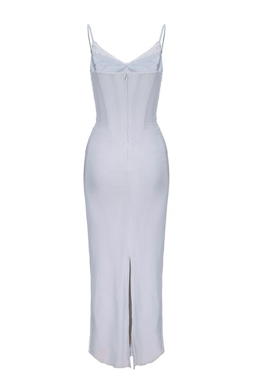 Woman wearing a figure flattering Brianna Bodycon Wrap Maxi Dress - Steel Grey BODYCON COLLECTION