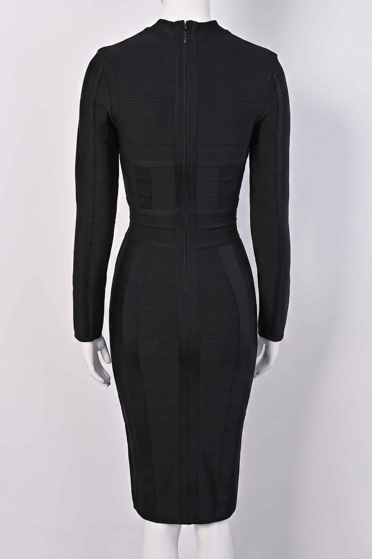 Woman wearing a figure flattering Brooke Long Sleeve Bandage Dress - Classic Black BODYCON COLLECTION