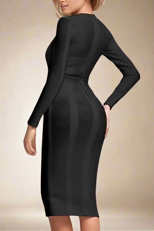 Woman wearing a figure flattering Brooke Long Sleeve Bandage Dress - Classic Black BODYCON COLLECTION