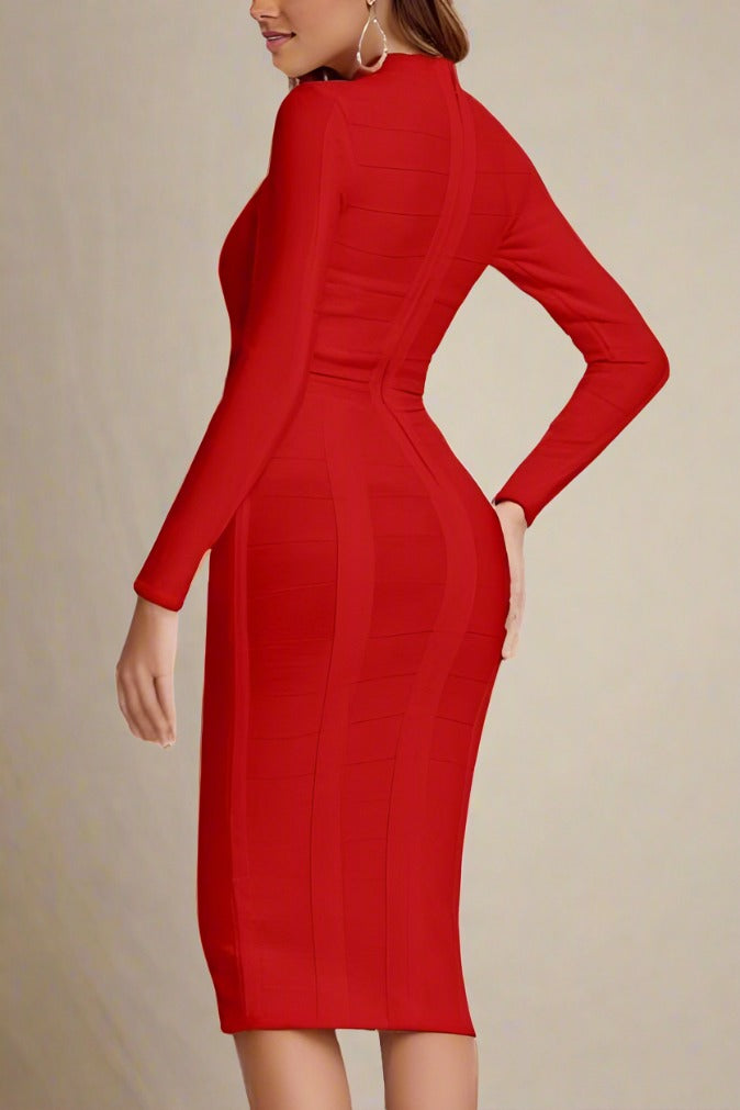 Woman wearing a figure flattering Brooke Long Sleeve Bandage Dress - Lipstick Red BODYCON COLLECTION