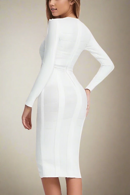 Woman wearing a figure flattering Brooke Long Sleeve Bandage Dress - Pearl White BODYCON COLLECTION
