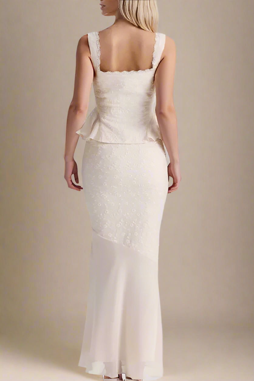 Woman wearing a figure flattering  Cali Wrap Top and Maxi Skirt Set - Ivory White BODYCON COLLECTION