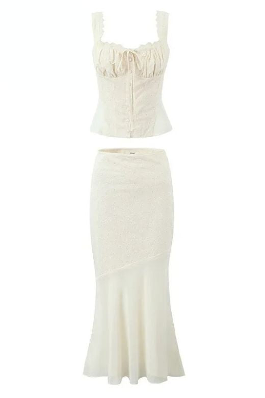 Woman wearing a figure flattering Cali Wrap Top and Maxi Skirt Set - Ivory White BODYCON COLLECTION