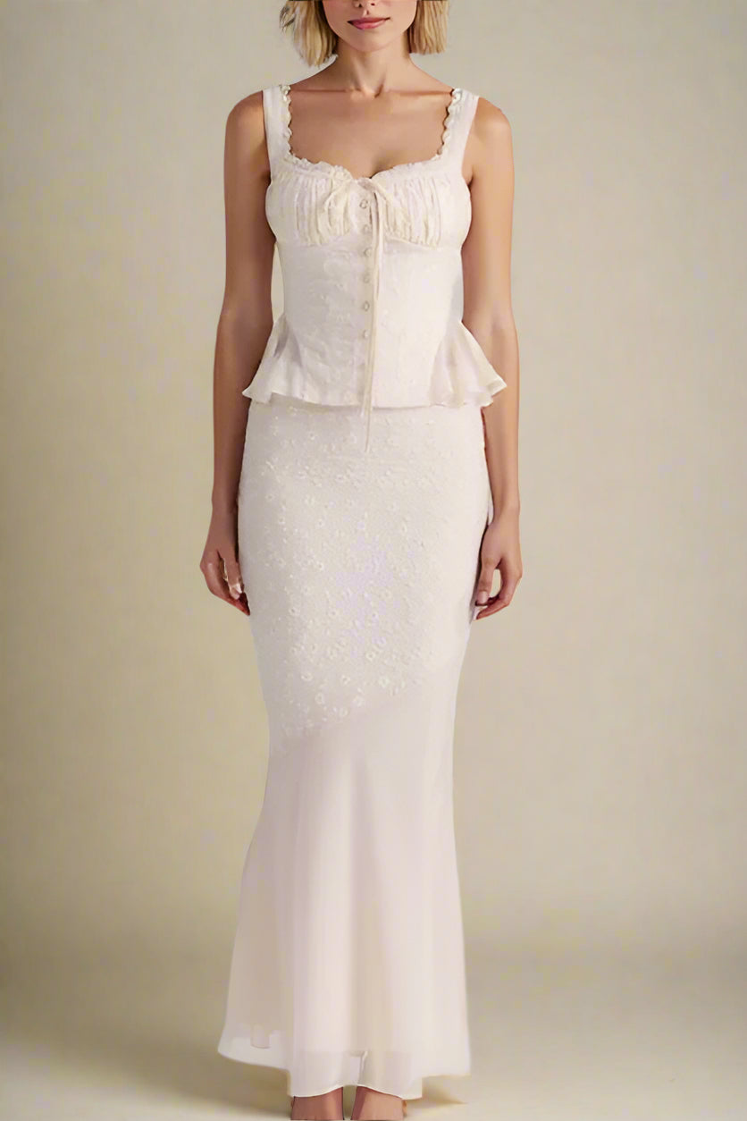 Woman wearing a figure flattering Cali Wrap Top and Maxi Skirt Set - Ivory White BODYCON COLLECTION