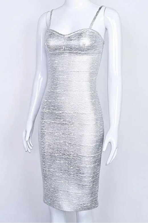 Woman wearing a figure flattering Camila Bandage Dress - Silver BODYCON COLLECTION Pty Ltd