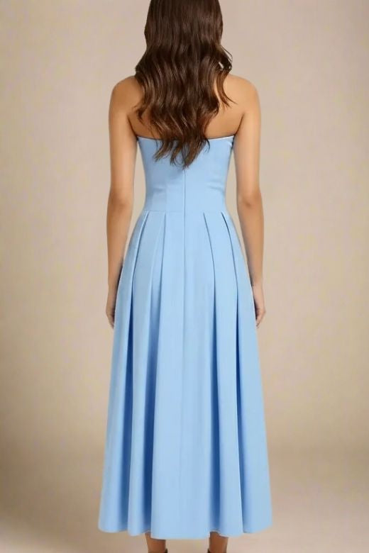 Woman wearing a figure flattering Capri Bodycon Strapless Midi Dress - Sky Blue BODYCON COLLECTION