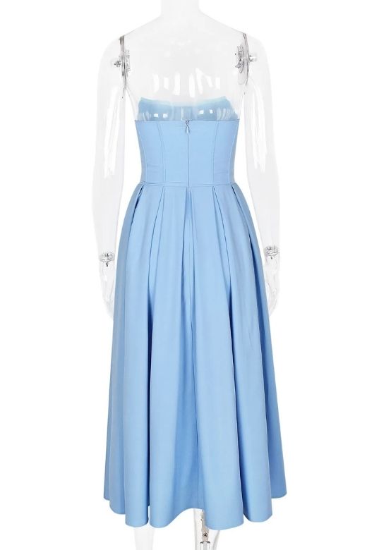 Woman wearing a figure flattering Capri Strapless Midi Dress - Sky Blue BODYCON COLLECTION