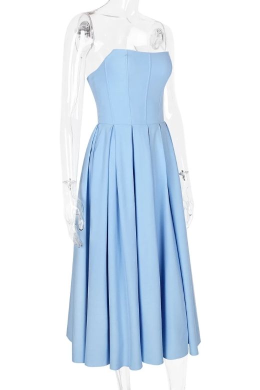 Woman wearing a figure flattering Capri Strapless Midi Dress - Sky Blue BODYCON COLLECTION