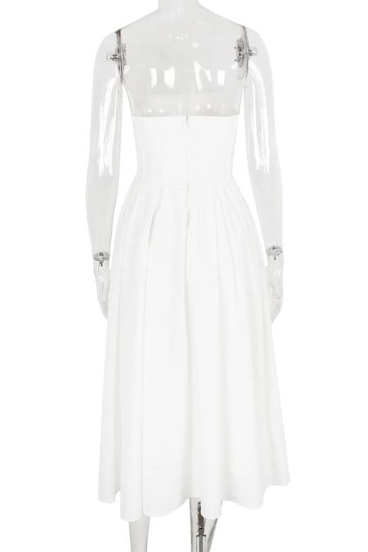 Woman wearing a figure flattering Capri Strapless Midi Dress - White Pearl BODYCON COLLECTION