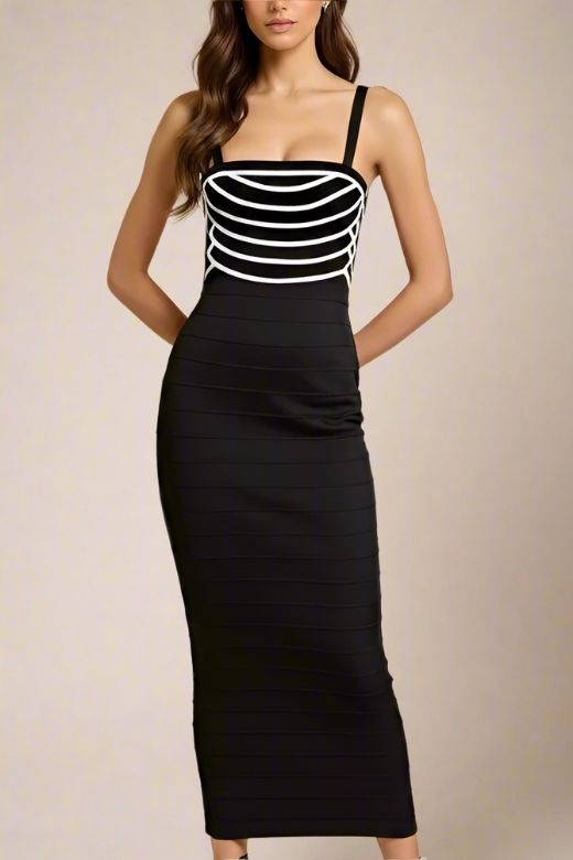 Woman wearing a figure flattering Carter Bandage Maxi Dress - Classic Black BODYCON COLLECTION Pty Ltd