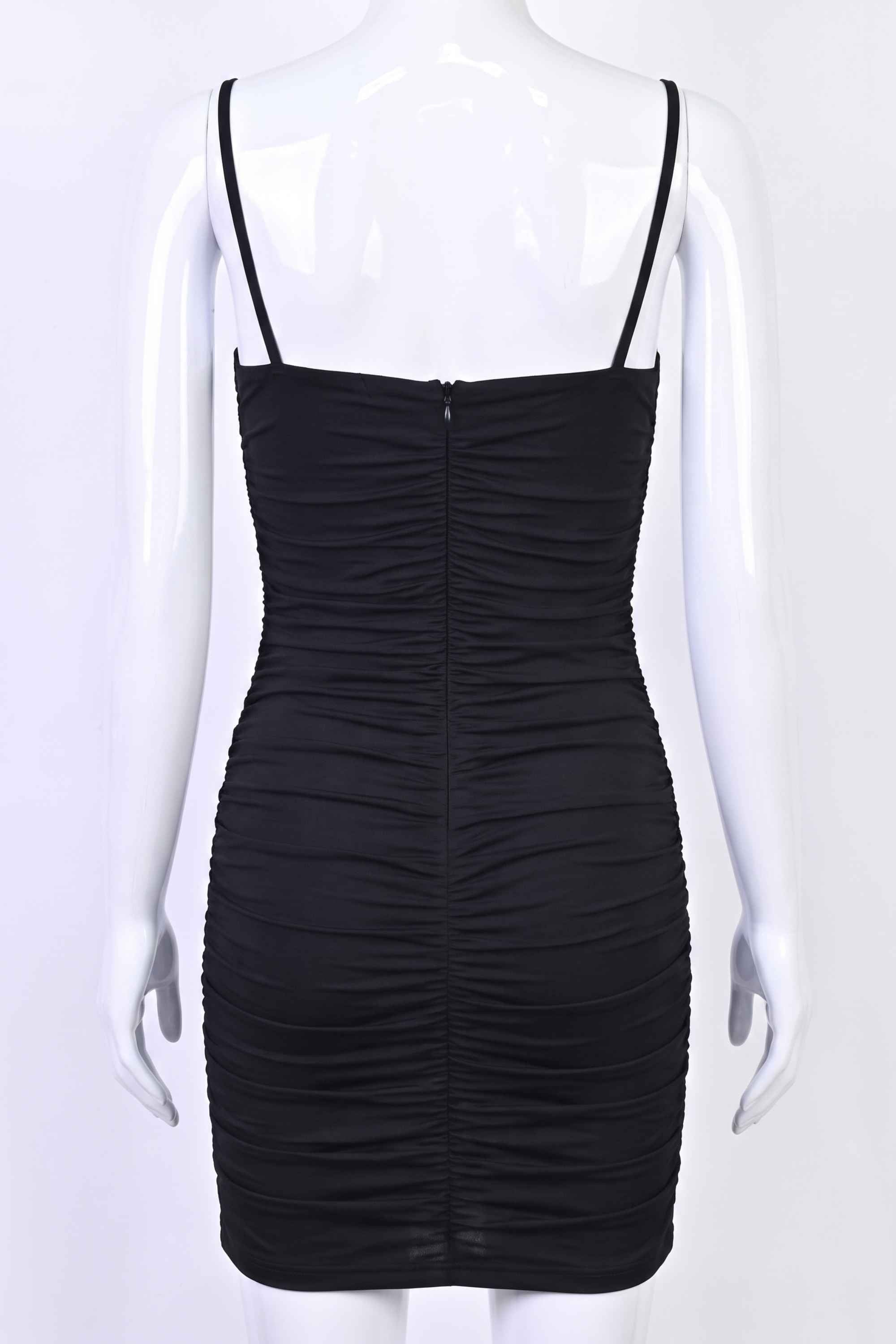 Woman wearing a figure flattering Cassie Bodycon Wrap Mini Dress - Classic Black BODYCON COLLECTION