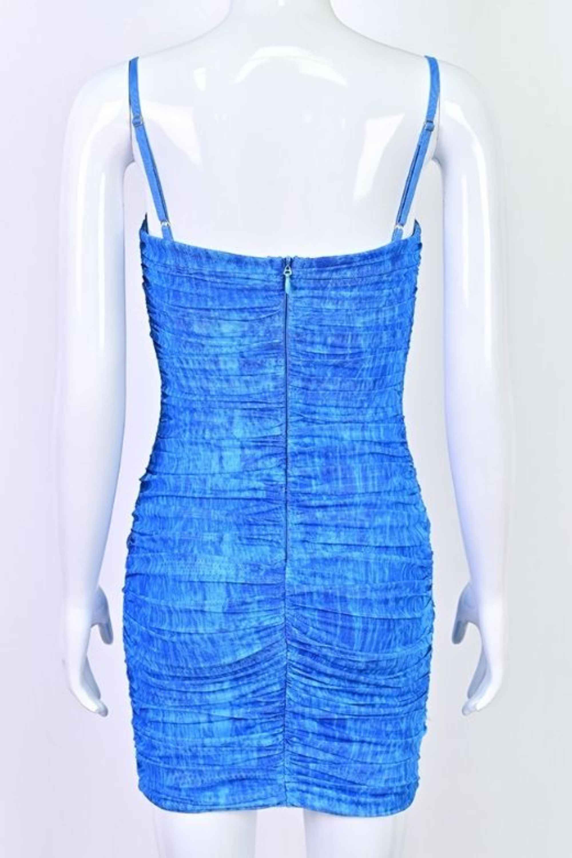 Woman wearing a figure flattering Cassie Bodycon Wrap Mini Dress - Royal Blue BODYCON COLLECTION